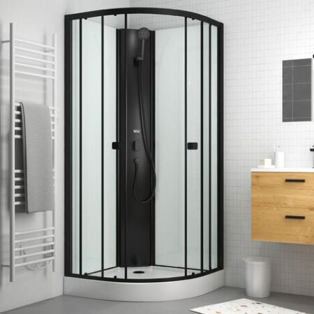 Cabina Doccia Semicircolare 85x85x200cm - Porte Scorrevoli - Pannelli Bianchi e Profili Neri Opachi