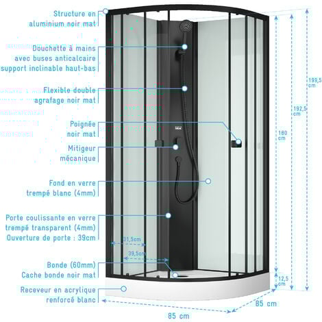 Cabina Doccia Semicircolare 85x85x200cm - Porte Scorrevoli - Pannelli Bianchi e Profili Neri Opachi