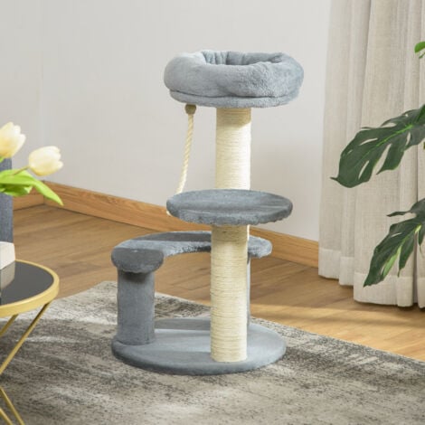 PawHut Tiragraffi per Gatti a Colonna con 3 Livelli in Peluche Grigio