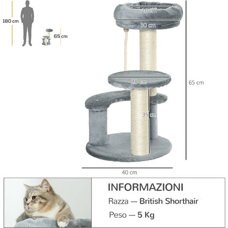 PawHut Tiragraffi per Gatti a Colonna con 3 Livelli in Peluche Grigio
