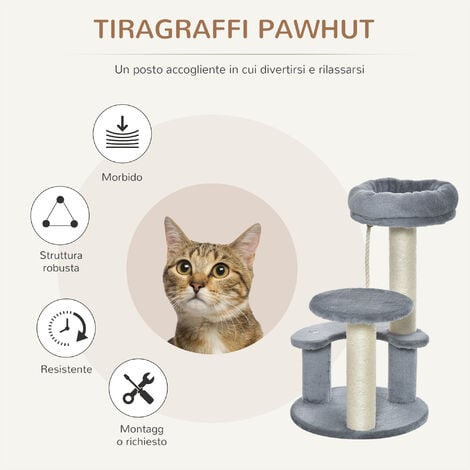 PawHut Tiragraffi per Gatti a Colonna con 3 Livelli in Peluche Grigio