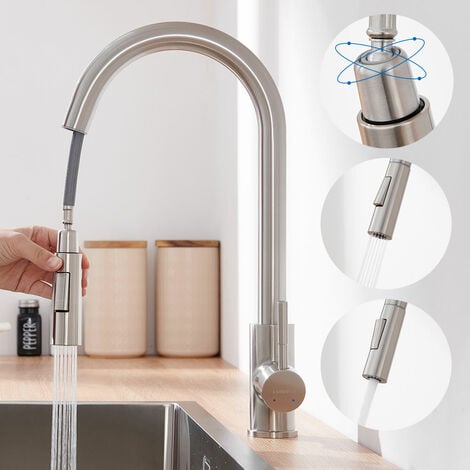 Lonheo Rubinetto Cucina Estraibile a 2 funzioni, Girevole a 360° Rubinetto da Cucina Miscelatore Monocomando Cucina, Acqua Fredda e Calda, con aeratore staccabile