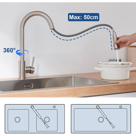 Lonheo Rubinetto Cucina Estraibile a 2 funzioni, Girevole a 360° Rubinetto da Cucina Miscelatore Monocomando Cucina, Acqua Fredda e Calda, con aeratore staccabile