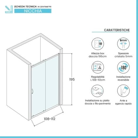 Porta doccia nicchia 110 cm cromato scorrevole con vetro stampato  Tay