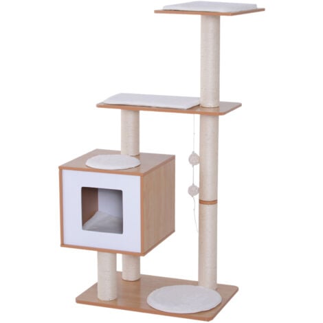 PawHut Tiragraffi Gatto Altezza 120cm con Cuccia Piattaforme, Bianco