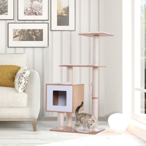 PawHut Tiragraffi Gatto Altezza 120cm con Cuccia Piattaforme, Bianco