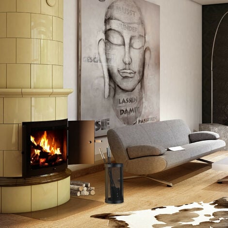 Relaxdays 10022296 Set Camino con Porta Attrezzi, 5 Accessori, Paletta, Scopetta, Pinza, Attizzatoio, Contenitore, Nero