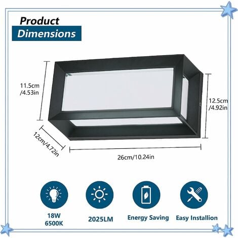 GOECO Applique da Parete LED Esterna Moderna, 18W IP65 Impermeabile, Applique Esterna Rettangolare in Metallo per Cortile, Giardino, Patio, Villa, Corridoio, 6000K Bianco Freddo