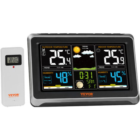 VEVOR Stazione Meteorologica Wireless per Interni Schermo a Colori 7,9 Pollici con lOrologio Atomico RCC, Stazione Meteo Display a Colori 7,9 Pollici con Sensori Orologio Sveglia da Parete/Appoggio