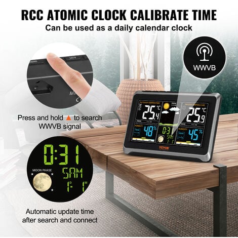 VEVOR Stazione Meteorologica Wireless per Interni Schermo a Colori 7,9 Pollici con lOrologio Atomico RCC, Stazione Meteo Display a Colori 7,9 Pollici con Sensori Orologio Sveglia da Parete/Appoggio