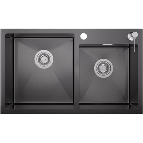 Lavello da Cucina Lavandino Cucina 75x45cm Lavorato a Mano Acciaio Inox, Lavello Incasso 2 vasche con dispenser per sapone 300 ml e Set per sifone