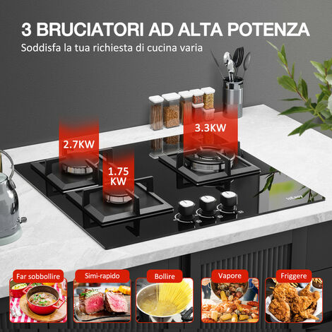 Piano Cottura, autosufficiente, a incasso, per gas naturale/propano, sicurezza tramite termocoppia (3 fuochi-quadrato vetro)