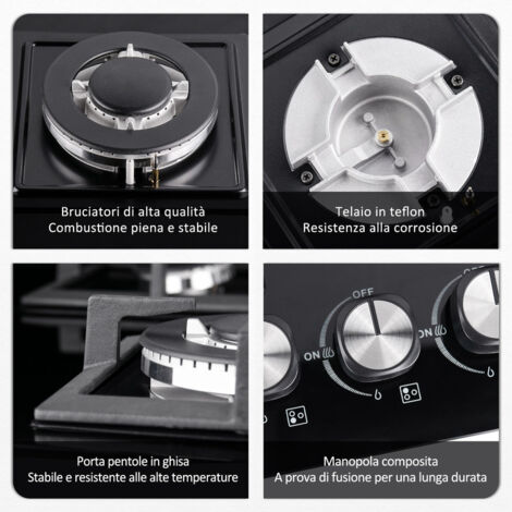 Piano Cottura, autosufficiente, a incasso, per gas naturale/propano, sicurezza tramite termocoppia (3 fuochi-quadrato vetro)