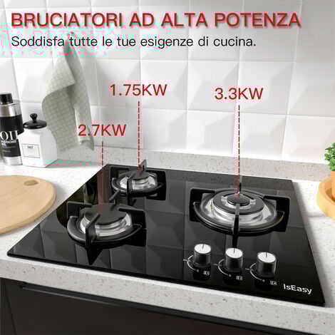 Piastra di cottura a gas a 3 fuochi, autosufficiente, piano cottura a incasso, per gas naturale/propano, sicurezza tramite termocoppia (3 fuochi)