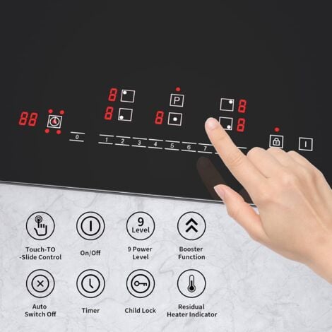Piano cottura a induzione 5 zone, piano cottura elettrico 90 cm 8600 W piastra a induzione integrata con funzione boost, vetro nero, controllo touch, blocco sicurezza bambini e timer