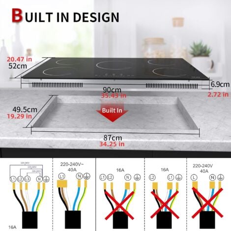 Piano cottura a induzione 5 zone, piano cottura elettrico 90 cm 8600 W piastra a induzione integrata con funzione boost, vetro nero, controllo touch, blocco sicurezza bambini e timer
