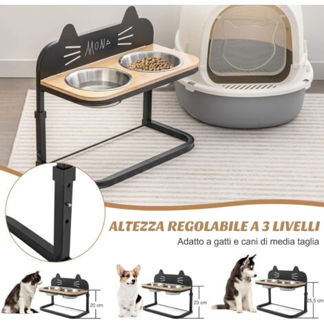 COSTWAY Ciotole Rialzate per Cani e Gatti di Piccola e Media Taglia, Supporto per Gatti Rialzato Regolabile in 3 Altezze con 2 Ciotole per Cibo e Acqua in Acciaio Inox