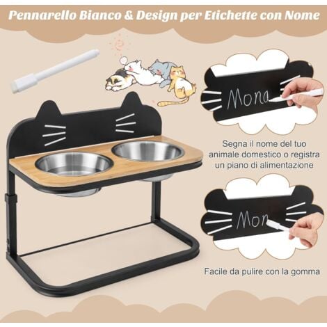 COSTWAY Ciotole Rialzate per Cani e Gatti di Piccola e Media Taglia, Supporto per Gatti Rialzato Regolabile in 3 Altezze con 2 Ciotole per Cibo e Acqua in Acciaio Inox