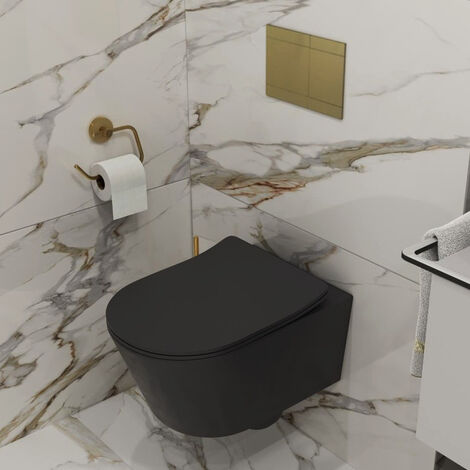 Swiss Aqua Technologies Toilette sospesa senza brida con fissaggi invisibili + sportello anticaduta, nero opaco (BlackSATrimless)