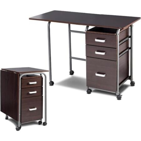 COSTWAY Scrivania Salvaspazio con 3 Cassetti e Ruote Bloccabili, Scrivania Porta PC Pieghevole con Struttura in Metallo per Studio e Ufficio, 105 x 50 x 75 cm, Portata 100 kg (Marrone)
