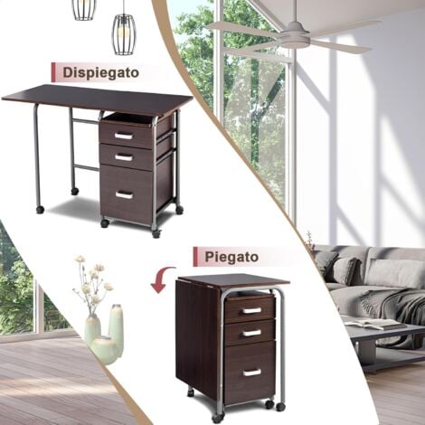 COSTWAY Scrivania Salvaspazio con 3 Cassetti e Ruote Bloccabili, Scrivania Porta PC Pieghevole con Struttura in Metallo per Studio e Ufficio, 105 x 50 x 75 cm, Portata 100 kg (Marrone)