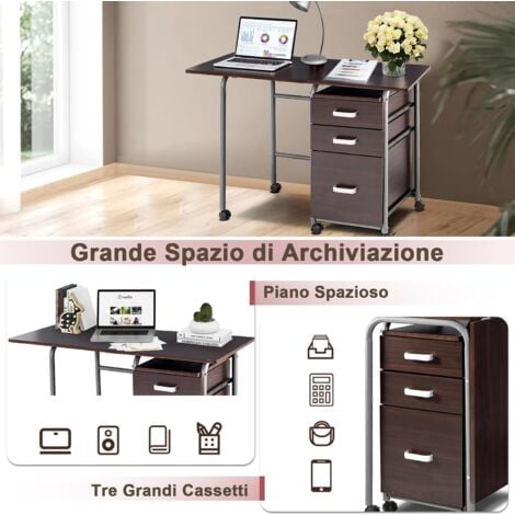 COSTWAY Scrivania Salvaspazio con 3 Cassetti e Ruote Bloccabili, Scrivania Porta PC Pieghevole con Struttura in Metallo per Studio e Ufficio, 105 x 50 x 75 cm, Portata 100 kg (Marrone)