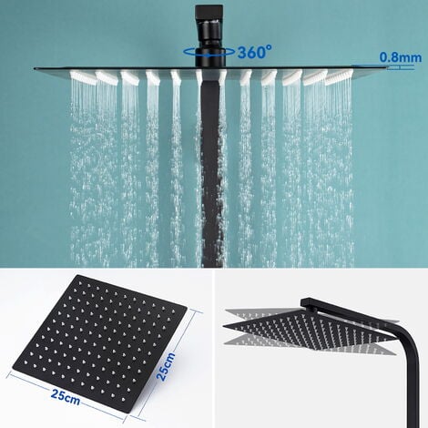 Auralum Colonna Doccia senza Miscelatore in Acciaio Inox Nera, Set Doccia a Pioggia con Soffione e Doccetta a Mano (25 ×25cm Quadrato)