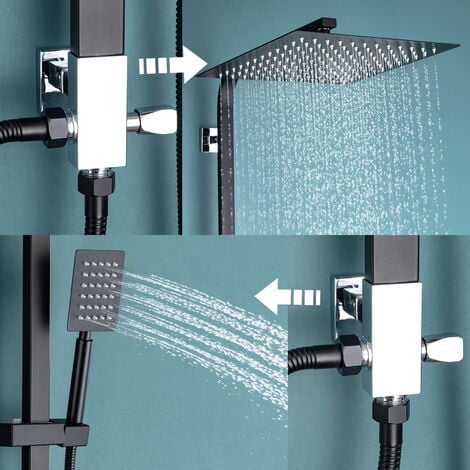 Auralum Colonna Doccia senza Miscelatore in Acciaio Inox Nera, Set Doccia a Pioggia con Soffione e Doccetta a Mano (25 ×25cm Quadrato)