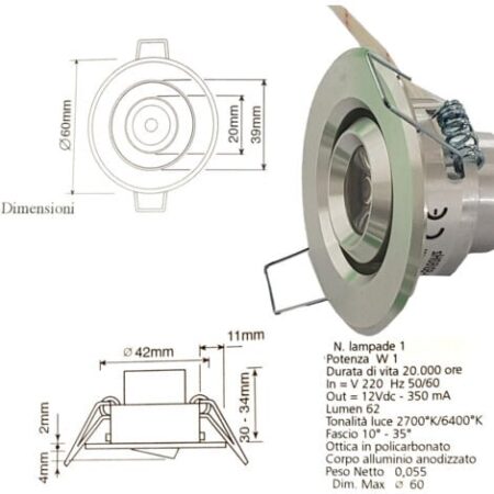 FARETTO LUCE CALDA A LED MINI 1 W SPOT ORIENTABILE ALETTE SEGNAPASSO CON DRIVER