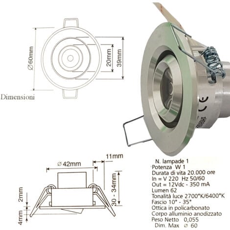 FARETTO LUCE CALDA A LED MINI 1 W SPOT ORIENTABILE ALETTE SEGNAPASSO CON DRIVER