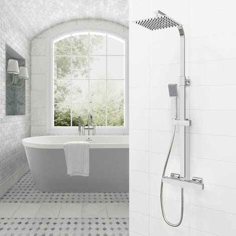 Colonna Doccia, OCEAN ITALY, Saliscendi Doccia con Miscelatore Termostatico, Fissaggio Regolabile 14-16cm, Set Doccia con Soffione e Doccetta Quadrati per Box Doccia