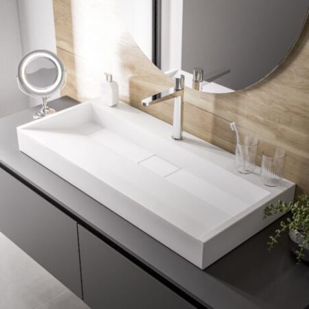 Lavabo sospeso o da appoggio in marmo artificiale BS6001 - bianco lucido - larghezza selezionabile	50cm - con preforatura