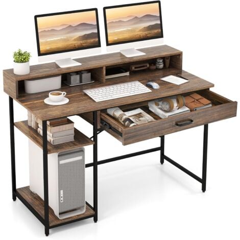 COSTWAY Scrivania con Cassetti, Supporto per Monitor e Ripiani Aperti, Scrivania Salvaspazio per Computer con Struttura in Metallo, Scrittoio per Studio e Ufficio, 120 x 56 x 90,5 cm, Marrone