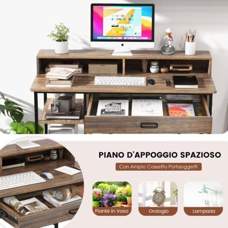 COSTWAY Scrivania con Cassetti, Supporto per Monitor e Ripiani Aperti, Scrivania Salvaspazio per Computer con Struttura in Metallo, Scrittoio per Studio e Ufficio, 120 x 56 x 90,5 cm, Marrone
