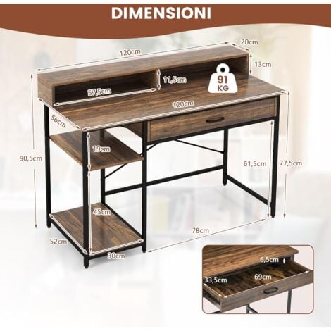 COSTWAY Scrivania con Cassetti, Supporto per Monitor e Ripiani Aperti, Scrivania Salvaspazio per Computer con Struttura in Metallo, Scrittoio per Studio e Ufficio, 120 x 56 x 90,5 cm, Marrone