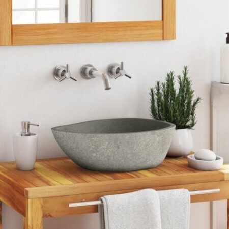 Lavabo da appoggio - Lavandino Bagno Vasca Lavatoio in Pietra di Fiume Ovale 37-46 cm KWI7200 BonneVie