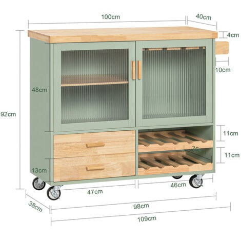 Carrello Cucina Con 2 Ante In Vetro Mobile Cucina Credenza Con Ruote 109x38x92cm Verde FKW114-GR SoBuy