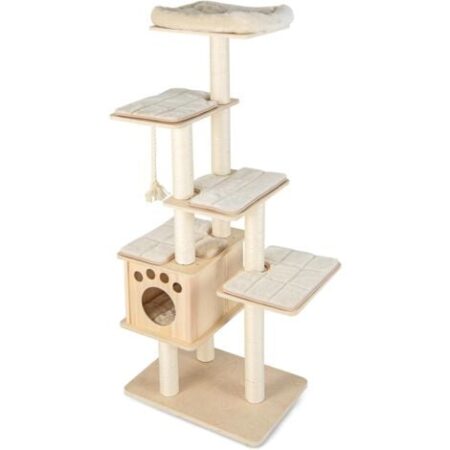 COSTWAY Albero Tiragraffi per Gatti Moderno 170 CM, Tiragraffi per Gatti Multistrato con Trespolo, Superiore Nicchia in Legno, Pali, Tiragraffi in Corda di Sisal e Piattaforme