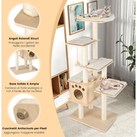 COSTWAY Albero Tiragraffi per Gatti Moderno 170 CM, Tiragraffi per Gatti Multistrato con Trespolo, Superiore Nicchia in Legno, Pali, Tiragraffi in Corda di Sisal e Piattaforme