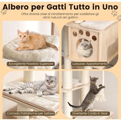 COSTWAY Albero Tiragraffi per Gatti Moderno 170 CM, Tiragraffi per Gatti Multistrato con Trespolo, Superiore Nicchia in Legno, Pali, Tiragraffi in Corda di Sisal e Piattaforme