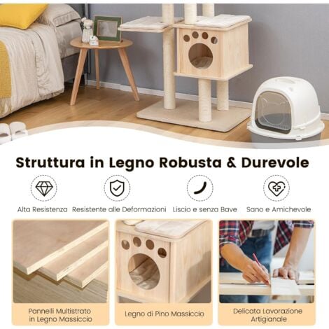 COSTWAY Albero Tiragraffi per Gatti Moderno 170 CM, Tiragraffi per Gatti Multistrato con Trespolo, Superiore Nicchia in Legno, Pali, Tiragraffi in Corda di Sisal e Piattaforme