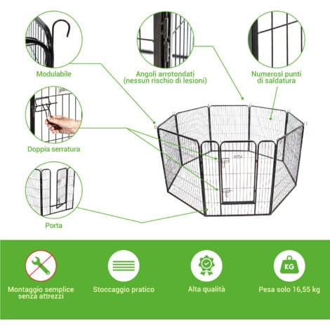 Recinto per cani, cuccioli e conigli GARDEO80x100x8, 8 pannelli 80X100cm, 2,56M2, modulabile, per interni ed esterni, pieghevole, garanzia 5 anni, Paitsy