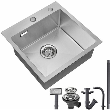 Auralum Lavello da Cucina in Acciaio Inox 45x45cm Lavandino Incasso Vasca Singola, Lavello Quadrato da Appoggio o Filotop, con Sifone e Set di Drenaggio