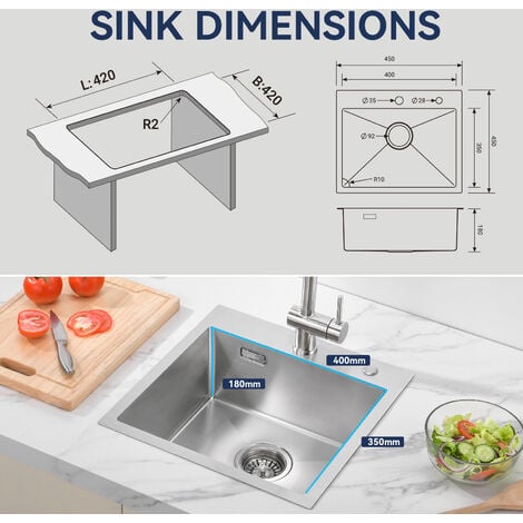 Auralum Lavello da Cucina in Acciaio Inox 45x45cm Lavandino Incasso Vasca Singola, Lavello Quadrato da Appoggio o Filotop, con Sifone e Set di Drenaggio