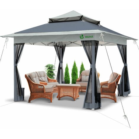 VOUNOT Gazebo Giardino 3.6x3.6m Pieghevole con Pareti Laterali in Rete, Tenda per Feste Pop up, Grigio