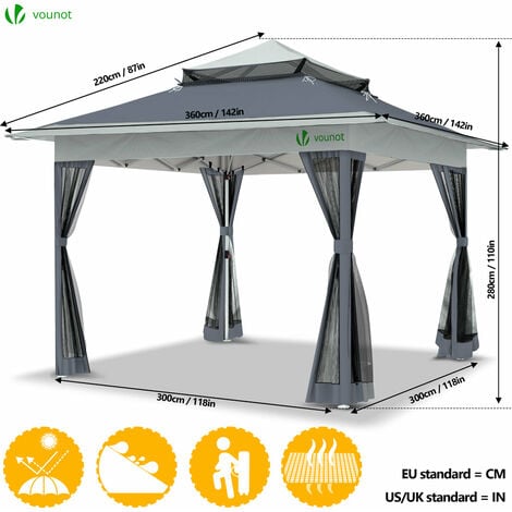 VOUNOT Gazebo Giardino 3.6x3.6m Pieghevole con Pareti Laterali in Rete, Tenda per Feste Pop up, Grigio