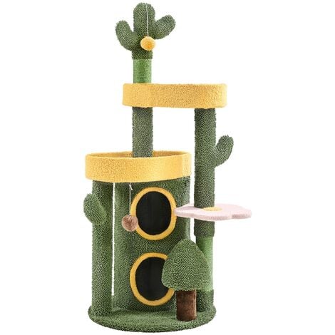 Yaheetech Albero Tiragraffi per Gatti 123 cm con Condomini Posatoi 2 Palle da Gioco a Forma di Cactus Torre da Interno Verde e Giallo