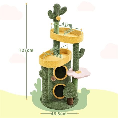 Yaheetech Albero Tiragraffi per Gatti 123 cm con Condomini Posatoi 2 Palle da Gioco a Forma di Cactus Torre da Interno Verde e Giallo