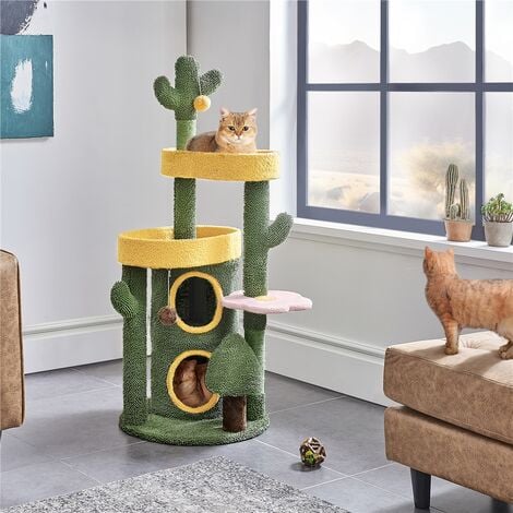 Yaheetech Albero Tiragraffi per Gatti 123 cm con Condomini Posatoi 2 Palle da Gioco a Forma di Cactus Torre da Interno Verde e Giallo