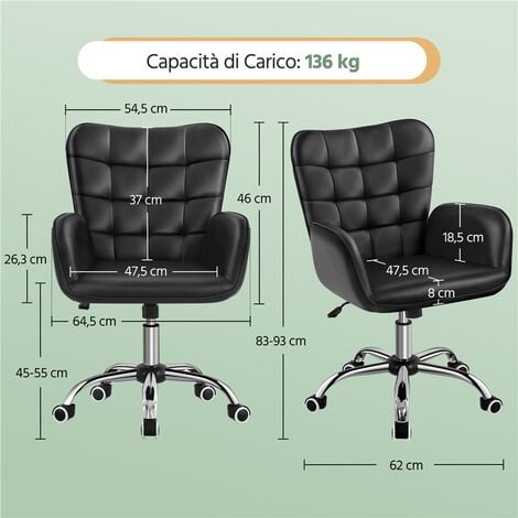 Yaheetech Sedia/Poltroncina da Ufficio Scrivania a Rotelle Girevole Imbottita in Similpelle Reclinabiale Ergonomica Altezza Regolabile Nero